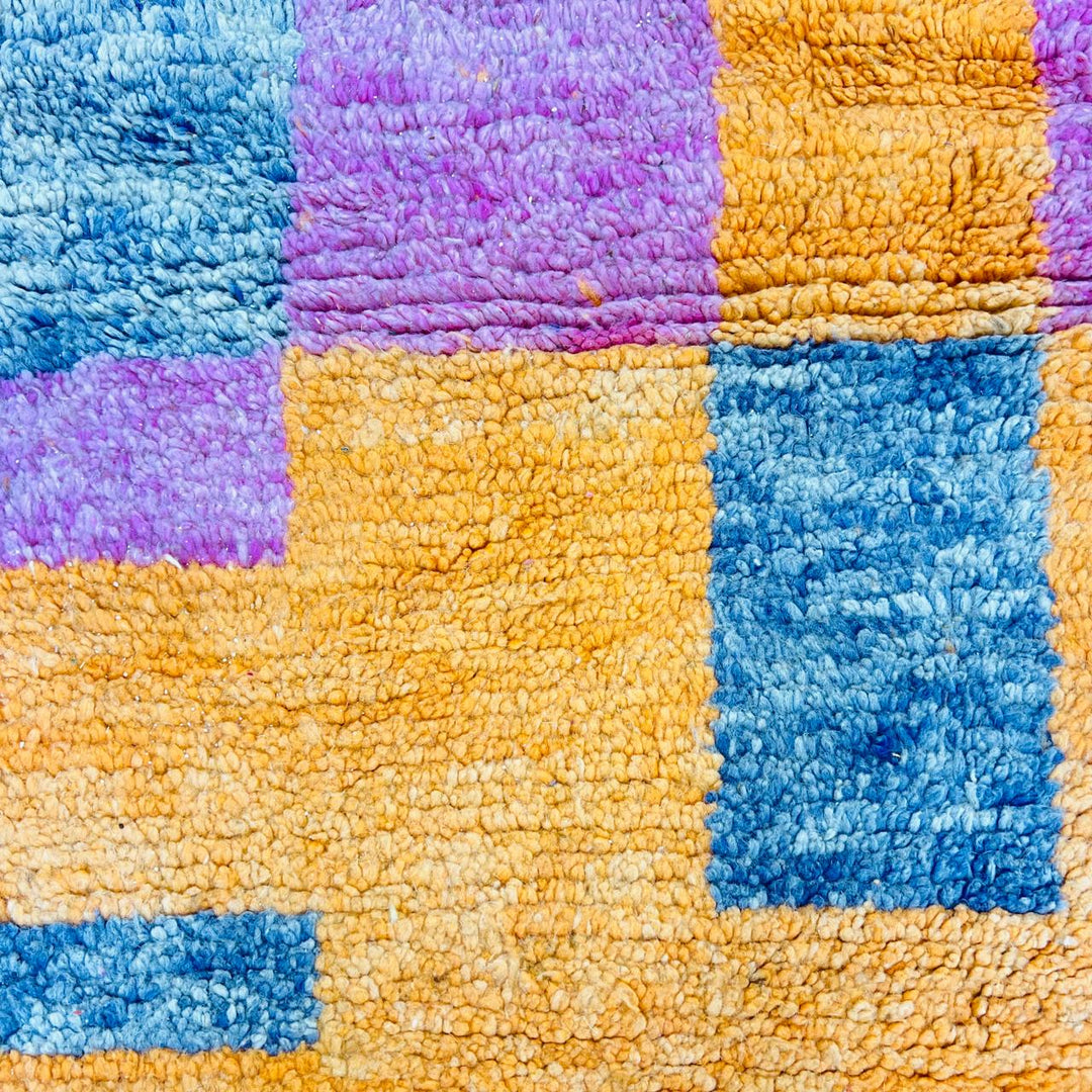 Vintage Moroccan wool rug with colorful abstract Berber geometric pattern, handmade in Morocco