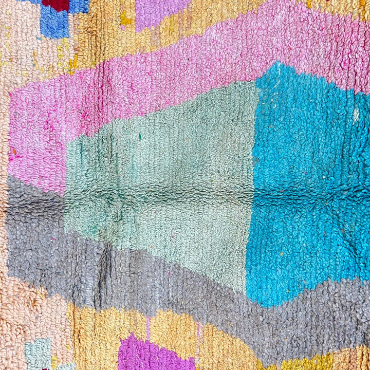 Vintage Moroccan wool rug 763 – handmade colorful Berber carpet with yellow, turquoise, pink, and red geometric diamond patterns (283 × 162 cm / 9.28 × 5.31 ft).