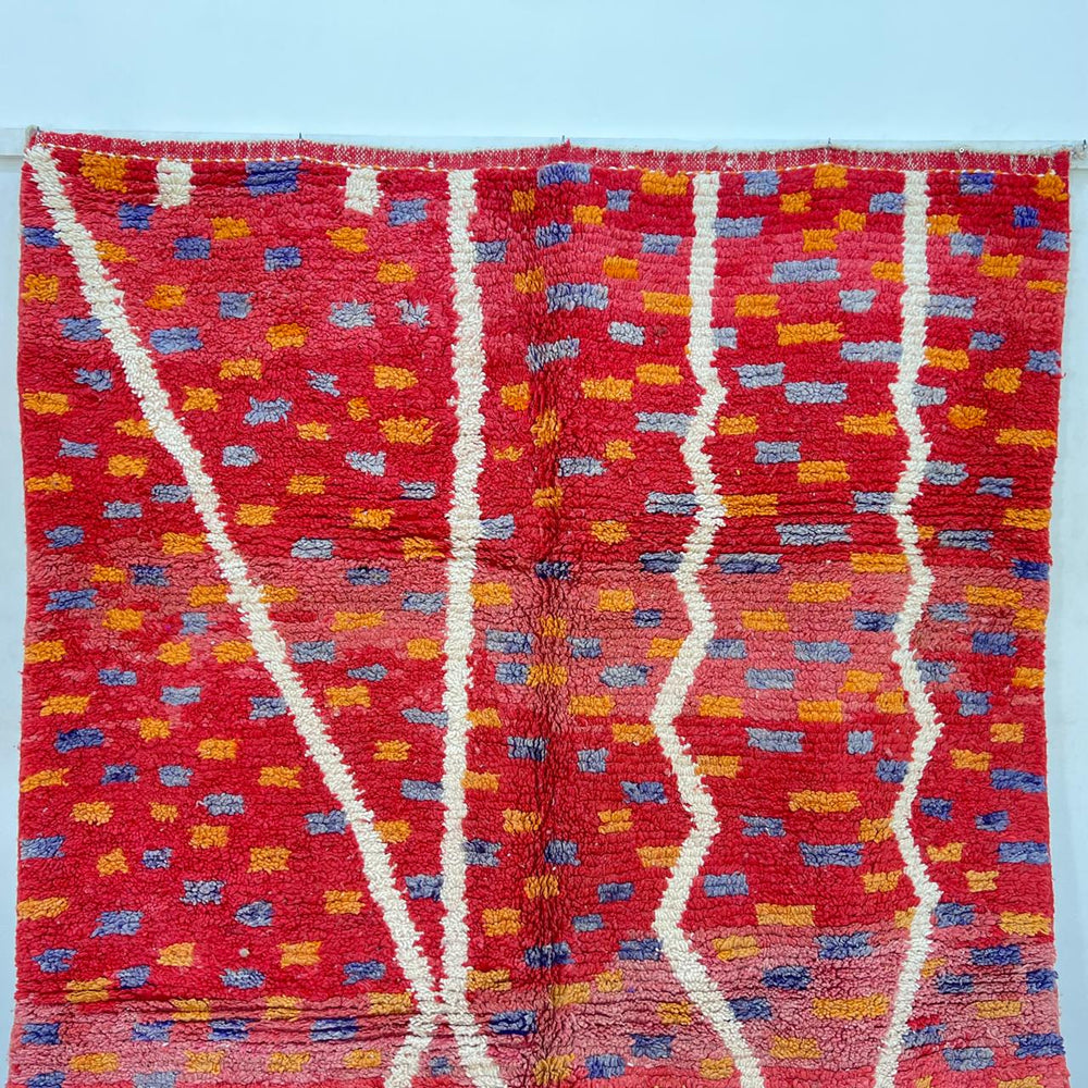 Vintage Moroccan wool rug 832 – handmade red and orange abstract Berber carpet with geometric details (292 × 190 cm / 9.57 × 6.23 ft).