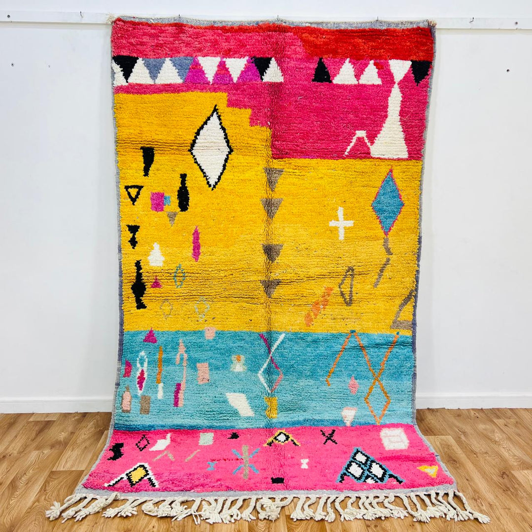 Vintage Moroccan wool rug with colorful geometric Berber patterns in yellow, pink, turquoise and ivory, handmade in Morocco, rug 461