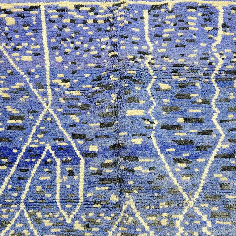 Vintage blue Moroccan wool rug with ivory Berber patterns, handwoven tribal carpet from Morocco, size 212x292 cm